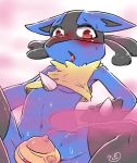  ambiguous_gender blush bodily_fluids convenient_censorship lucario mochimochi39mo nintendo pink_mist pok&eacute;mon pok&eacute;mon_(species) semi-anthro simple_background solo sweat video_games 