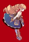  1girl archer_(disgaea) bare_shoulders blonde_hair blue_dress blue_eyes blush boots closed_mouth collarbone commentary detached_sleeves disgaea dress drill_hair flat_chest from_side full_body long_hair looking_at_viewer mota platform_footwear pointy_ears red_background simple_background smile solo twin_drills twintails zipper_pull_tab 