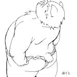  1:1 2006 anthro asian_clothing belly black_and_white butt clothing east_asian_clothing fundoshi japanese_clothing japanese_text kemono low_res male mammal monochrome overweight overweight_anthro overweight_male simple_background solo takagi_kyou text underwear ursid white_background 