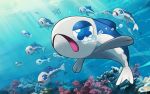  blue_eyes commentary_request crying fish gen_7_pokemon light_beam no_humans open_mouth pokemon pokemon_(creature) riato_(riato1985) silhouette tears tongue underwater wishiwashi wishiwashi_(solo) 