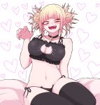  1girl arm_support bangs bare_shoulders bell bell_choker black_bra black_choker black_legwear black_panties blonde_hair blunt_bangs blush boku_no_hero_academia bra breasts cat_cutout cat_ear_panties cat_lingerie choker claw_pose cleavage cleavage_cutout collarbone commentary_request double_bun facing_viewer fangs frills hand_up heart heart_background highres large_breasts meme_attire messy_hair navel okumari open_mouth panties seiza short_hair side-tie_panties sitting smile solo stomach teeth thighhighs toga_himiko underwear white_background yellow_eyes 