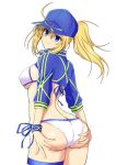  1girl ahoge artoria_pendragon_(all) ass ass_focus ass_grab bikini blonde_hair blue_eyes breasts commentary_request cowboy_shot fate/grand_order fate_(series) grabbing_own_ass hair_between_eyes hat highres kiriya_(aprikose_0312) looking_at_viewer medium_breasts mysterious_heroine_xx_(foreigner) ponytail shrug_(clothing) sideboob simple_background smile solo swimsuit white_background 