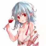  1girl absurdres areolae asymmetrical_breasts bangs blue_hair bra breasts collarbone commentary_request cup drinking_glass expressionless eyebrows_visible_through_hair head_tilt highres holding holding_cup ikazuchi_akira looking_at_viewer no_headwear parted_lips pointy_ears red_eyes remilia_scarlet shirt_slip short_hair simple_background small_breasts solo standing strap_slip touhou underwear upper_body white_background white_bra wine_glass 