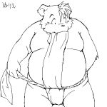  1:1 2006 anthro asian_clothing belly black_and_white bulge clothing east_asian_clothing fundoshi japanese_clothing japanese_text kemono low_res male mammal monochrome overweight overweight_anthro overweight_male simple_background solo takagi_kyou text underwear ursid white_background 
