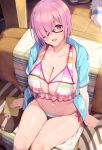  1girl absurdres bikini blue_gk blue_jacket book breasts collarbone fate/grand_order fate_(series) fou_(fate/grand_order) glasses hair_over_one_eye highres jacket large_breasts looking_at_viewer mash_kyrielight multicolored multicolored_bikini multicolored_clothes navel open_clothes open_jacket open_mouth pink_hair purple_eyes short_hair short_sleeves sitting smile striped striped_bikini swimsuit thighs 