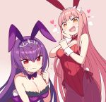  2girls alternate_costume animal_ears blush bow bowtie breasts brown_eyes bunny_ears chan_co cleavage commentary_request covered_navel detached_collar fake_animal_ears fate/grand_order fate_(series) hand_on_own_cheek heart large_breasts long_hair looking_at_viewer medb_(fate)_(all) medb_(fate/grand_order) multiple_girls open_mouth pantyhose pink_background pink_hair purple_hair red_eyes scathach_(fate)_(all) scathach_skadi_(fate/grand_order) simple_background wavy_mouth wrist_cuffs 