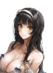  1girl bangs bare_shoulders bikini black_hair blue_bow blunt_bangs blush bow breasts brown_eyes chan1moon cleavage closed_mouth collarbone eyebrows_visible_through_hair fingerless_gloves girls_frontline gloves grey_bikini grey_gloves hairband highres large_breasts long_hair qbz-95_(girls_frontline) simple_background smile solo swimsuit upper_body very_long_hair white_background white_hairband 