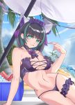  1girl :q absurdres animal_ears aqua_eyes aqua_nails arm_support azur_lane bangs bare_shoulders beach beach_mat beach_umbrella bikini black_hair blue_sky blush breasts can cat_ears cheshire_(azur_lane) cheshire_(summery_date!)_(azur_lane) choker cleavage cloud cloudy_sky collarbone commentary_request cooler cowboy_shot day earrings eyebrows_visible_through_hair fake_animal_ears fang groin highres ice ice_cube jewelry large_breasts looking_at_viewer midriff multicolored_hair navel neck_ribbon ocean outdoors palm_tree purple_bikini purple_choker purple_neckwear ribbon short_hair sidelocks sitting skin_fang sky smile soda_can solo strapless strapless_bikini streaked_hair swimsuit thigh_strap tongue tongue_out tree umbrella yoshitoki_(kisshin) 