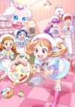  5girls :d ^_^ ^o^ anger_vein apron arisugawa_himari biburi_(precure) blue_dress blue_eyes blue_footwear blue_hair blue_neckwear blue_pants blue_shirt boots bow bowtie braid brown_eyes brown_hair buck_teeth character_print checkered checkered_floor chourou_(precure) clenched_hands closed_eyes cover cover_page cravat doriyamatsurugi doujin_cover dress dropping fine_art_parody foreshortening hand_on_hip hat highres indoors kenjou_akira kirakira_patisserie_uniform kirakira_precure_a_la_mode kirarin_(precure) kitchen knee_boots kotozume_yukari lamp long_hair low_twintails multiple_girls necktie open_mouth orange_hair outstretched_arms oven pants parody pekorin_(precure) pikario_(precure) pink_eyes pink_footwear pink_neckwear precure puffy_sleeves purple_eyes purple_footwear purple_hair purple_neckwear red_footwear red_hair red_neckwear shirt short_hair short_sleeves smile sweatdrop tategami_aoi the_scream tray tripping twin_braids twintails usami_ichika wavy_mouth white_apron white_headwear yellow_footwear yellow_neckwear 