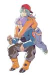  1boy 1girl aqua_nails arm_support arms_around_neck ayunnnnn1 baggy_pants baseball_cap black_shirt blue_eyes blue_hair boots bra_(dragon_ball) breast_pocket brother_and_sister brown_pants can chain chin_on_head chin_rest closed_mouth commentary_request denim dragon_ball dragon_ball_z drink expressionless eyebrows_visible_through_hair eyelashes facing_viewer fingernails frown full_body green_footwear hat highres holding holding_can hug hug_from_behind jacket jeans looking_afar older open_clothes open_jacket orange_footwear orange_jacket pants parted_lips pocket purple_hair red_headwear serious shaded_face shirt siblings simple_background sleeves_past_wrists tareme time_paradox trunks_(future)_(dragon_ball) v-shaped_eyebrows white_background wide-eyed 