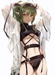  1girl absurdres antenna_hair arknights arms_up ass_visible_through_thighs bangs breasts chinese_commentary commentary_request cowboy_shot eyebrows_visible_through_hair gavial_(arknights) green_hair hair_between_eyes highres long_hair long_sleeves looking_at_viewer medium_breasts navel open_clothes parted_lips pointy_ears shusuzu simple_background solo standing stomach visor_cap white_background yellow_eyes 