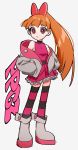  1girl :o absurdres akazutsumi_momoko copyright_name hands_in_pockets highres hyow long_hair looking_to_the_side orange_hair ponytail powerpuff_girls_z red_eyes solo thighhighs 