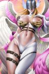  1girl angel_wings angewomon asymmetrical_clothes bare_shoulders belt blonde_hair breasts breasts_apart cleavage commentary_request covered_eyes cowboy_shot digimoji digimon elbow_gloves floating gloves groin hand_on_own_chest head_wings helmet large_breasts lens_flare long_hair multiple_wings navel navel_cutout revealing_clothes ribbon sidelocks single_elbow_glove sinichi_okazaki skindentation smile solo stomach thigh_gap thigh_strap underbust wings wrist_wings 