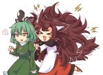 &gt;_&lt; 2girls :3 :d anger_vein animal_ears big_hair blush blush_stickers brown_hair clenched_hand dress green_dress green_eyes green_hair hat heart heart_in_mouth imaizumi_kagerou juliet_sleeves long_hair long_skirt long_sleeves multiple_girls open_mouth puffy_sleeves red_skirt sandals short_hair simple_background skirt smile soga_no_tojiko spoken_anger_vein standing standing_on_one_leg sweatdrop tail touhou very_long_hair white_background wolf_ears wolf_tail wool_(miwol) 