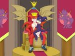  4:3 absurd_res anthro blush chair clothing crown digimon digimon_(species) duo footwear furniture hasbro hi_res impmon kevin_(s1x) male male/male my_little_pony p.v.su shoes sneakers throne veemon 