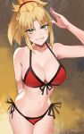  1girl alternate_breast_size bare_shoulders bikini blonde_hair breasts cleavage collarbone english_commentary fate/grand_order fate_(series) front-tie_bikini front-tie_top green_eyes grin hair_ornament hair_scrunchie highres kisou_(kisou00) large_breasts leaning_forward mordred_(fate)_(all) mordred_(swimsuit_rider)_(fate) patreon_username red_bikini salute scrunchie short_hair short_ponytail side-tie_bikini smile solo swimsuit 