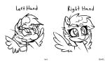 2020 blush derp_eyes derpy_hooves_(mlp) english_text equid equine female friendship_is_magic hasbro left_hand_drawing mammal monochrome my_little_pony pegasus semi-anthro simple_background sketch skoon text white_background wings 