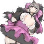  1girl :q alternate_breast_size animal_ears areola_slip areolae ass_visible_through_thighs back_bow bangs bear_ears bear_girl bergman&#039;s_bear_(kemono_friends) black_hair bow bracelet breasts center_frills center_opening cleavage cowboy_shot empty_eyes eyebrows_visible_through_hair frills fur_bracelet grey_hair hair_bow hands_up highres huge_bow huge_breasts jewelry kemono_friends licking_lips light_smile long_hair lying microskirt multicolored_hair nipple_slip nipples no_bra on_back parted_bangs pink_bow purple_eyes shibori_kasu shirt sketch skirt solo thighhighs tongue tongue_out 