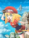  1girl belt bike_shorts bike_shorts_under_shorts blonde_hair blue_sky breasts brown_gloves cabbie_hat capcom cloud gloves green_eyes hat holding holding_wrench long_hair menome open_mouth red_headwear red_shorts rockman rockman_dash roll_caskett short_sleeves shorts sky small_breasts smile solo wrench 