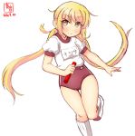  1girl alternate_costume artist_logo baton blonde_hair blush buruma dated eyebrows_visible_through_hair gym_shirt gym_uniform hair_between_eyes highres kanon_(kurogane_knights) kantai_collection long_hair looking_at_viewer low_twintails name_tag red_buruma satsuki_(kantai_collection) shirt short_sleeves signature simple_background socks solo standing standing_on_one_leg twintails white_background white_legwear white_shirt 