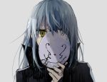  1other androgynous bangs black_jacket blue_hair hair_between_eyes hands jacket looking_at_viewer mask mikoto_kei one_eye_covered rimuru_tempest simple_background solo tensei_shitara_slime_datta_ken white_background yellow_eyes 