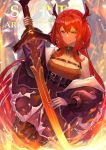  &gt;:) 1girl absurdres arknights bangs bare_shoulders bielin breasts character_name cleavage commentary copyright_name cowboy_shot hair_between_eyes highres holding holding_sword holding_weapon horns long_hair long_sleeves looking_at_viewer medium_breasts off_shoulder purple_eyes red_hair smile solo surtr_(arknights) sword v-shaped_eyebrows very_long_hair weapon 
