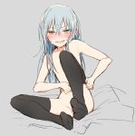  1other androgynous anger_vein angry bangs bed bed_sheet black_legwear blue_hair blush collarbone commentary_request hair_between_eyes highres long_hair looking_at_viewer mikoto_kei open_mouth pulling rimuru_tempest simple_background smile solo sweat tensei_shitara_slime_datta_ken very_long_hair yellow_eyes 
