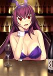  1girl :d alcohol animal_ears bar beppu_mitsunaka blush bottle bow bowtie breasts bunny_ears bunny_girl bunnysuit cleavage cup detached_collar drinking_glass fake_animal_ears fate/grand_order fate_(series) hair_intakes highres indoors large_breasts leotard liquor long_hair looking_at_viewer open_mouth purple_hair red_eyes scathach_(fate)_(all) scathach_(fate/grand_order) smile solo strapless strapless_leotard wine wine_bottle wine_glass wrist_cuffs 