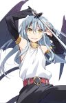  1other androgynous armpits bangs bare_shoulders belt blue_hair detached_sleeves hair_between_eyes hands highres holding holding_sword holding_weapon katana long_hair looking_at_viewer mikoto_kei open_mouth rimuru_tempest simple_background smile solo sword tensei_shitara_slime_datta_ken weapon wings yellow_eyes 