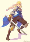  1girl agrias_oaks armor armored_dress blonde_hair blue_dress braid brown_eyes brown_footwear brown_gloves brown_pants closed_mouth dress final_fantasy final_fantasy_tactics full_body gloves grey_background highres holding holding_sword holding_weapon knee_pads kotatsu_(g-rough) leg_up long_dress long_hair long_sleeves pants shoulder_armor simple_background single_braid solo spaulders standing sword weapon 