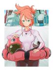  1girl aida_rayhunton bangs bodysuit breasts covered_navel double_vertical_stripe g-self green_eyes gundam gundam_g_no_reconguista hair_ornament hair_up hairpods helmet highres holding holding_helmet looking_at_viewer mecha mitsutsu322 mobile_suit pilot_suit pink_bodysuit pink_hair procreate_(medium) sidelocks smile solo swept_bangs unzipped white_bodysuit 