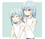  2others androgynous bangs blue_hair braid clone closed_mouth commentary_request dual_persona expressionless hair_between_eyes long_hair mikoto_kei multiple_others one_eye_closed open_mouth rimuru_tempest simple_background smile sweat tensei_shitara_slime_datta_ken tying_hair white_background yellow_eyes 