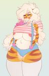  2020 5_fingers amber_eyes anthro areola areola_slip big_breasts braided_hair breasts buxbi buxbi_(character) clothed clothing felid female fingers hair looking_at_viewer mammal multicolored_hair pantherine pink_nose simple_background solo stripes thick_thighs tiger two_tone_hair under_boob white_hair 