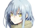  1other androgynous bangs blue_hair commentary_request fur fur_collar fur_trim hair_between_eyes long_hair looking_at_viewer mikoto_kei open_mouth rimuru_tempest simple_background solo tensei_shitara_slime_datta_ken very_long_hair white_background yellow_eyes 