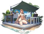  1girl aiko_(kanl) animal azur_lane bare_shoulders beach bikini bird bow bowtie breasts brown_hair chick cleavage closed_mouth cross cup detached_collar drinking_glass full_body hair_ornament highleg highleg_bikini highres holding kneeling large_breasts leg_garter long_hair looking_at_viewer low-tied_long_hair maid maid_headdress manjuu_(azur_lane) mole mole_under_mouth multi-strapped_bikini navel official_art pitcher plant red_eyes sandals sign skindentation solo stomach string_bikini swiftsure_(azur_lane) swiftsure_(midsummer_special_service)_(azur_lane) swimsuit table thighs transparent_background tray two-tone_bikini very_long_hair wet white_bikini wrist_cuffs x_hair_ornament 