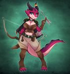  2020 absurd_res ambris anthro arrow bottomwear bow_(weapon) breasts choker cleavage clothed clothing dungeons_and_dragons female fingerless_gloves furgonomics furry-specific_piercing gloves green_background handwear hasbro hi_res holding_object holding_weapon horn horn_piercing horn_ring jewelry kobold midriff necklace piercing quiver ranged_weapon rehzi scalie shorts simple_background smile solo weapon wizards_of_the_coast 
