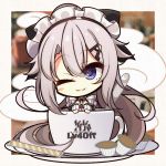  1girl 7:08 9a-91_(girls_frontline) apron bangs blue_eyes blush_stickers breasts chibi closed_eyes commentary_request cup eyebrows_visible_through_hair girls_frontline hair_between_eyes hair_ornament highres long_hair maid maid_headdress one_eye_closed plate silver_hair smile solo spoon teacup 