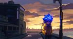  1girl blue_eyes blue_hair commentary cyberpunk elf english_commentary flat_chest hands_in_pockets highres hood hood_down hoodie lamppost original pointy_ears ron_tsfany solo spiked_hair sunset walking yellow_(ron_tsfany) yellow_hoodie 