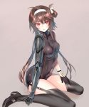  1girl absurdres black_footwear black_gloves black_legwear black_leotard blush breasts brown_hair covered_navel eyebrows_visible_through_hair full_body garter_straps girls_frontline gloves hair_ribbon hairband hand_on_own_thigh highres huge_filesize kneeling leotard long_hair mechanical_arm parted_lips pottsness red_eyes ribbon serious sidelocks simple_background small_breasts solo thighhighs thighs type_79_(girls_frontline) white_hairband white_ribbon 