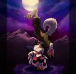  2020 anthro blue_body blue_fur cheek_tuft claws clothing digit_ring facial_tuft fingers full_moon fur glowing glowing_eyes gold_claws hair hi_res jewelry lycanroc male midnight_lycanroc moon mountain night nintendo open_mouth open_smile pawpads pink_pawpads pok&eacute;mon pok&eacute;mon_(species) pose red_eyes ring scar sharp_teeth shiny_pok&eacute;mon smile teeth toe_claws toe_ring tuft turquoisephoenix video_games white_body white_fur white_hair 