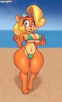  absurd_res activision anthro bandicoot beach big_breasts bikini blonde_hair blush breasts cleavage clothed clothing coco_bandicoot crash_bandicoot_(series) curvy_figure dongitos ear_piercing ear_ring eyewear female goggles goggles_on_head green_eyes hair hi_res hourglass_figure looking_at_viewer mammal marsupial midriff navel orange_body piercing seaside solo swimwear thick_thighs video_games wide_hips 