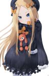  1girl abigail_williams_(fate/grand_order) absurdres aftamc bangs black_bow black_headwear blonde_hair blue_eyes blush bow breasts closed_mouth dress fate/grand_order fate_(series) forehead hat highres long_hair long_sleeves looking_at_viewer multiple_bows orange_bow parted_bangs ribbed_dress simple_background sleeves_past_fingers sleeves_past_wrists small_breasts smile stuffed_animal stuffed_toy teddy_bear white_background white_bloomers 