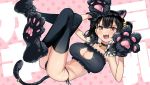  animal_ears bell bell_choker bell_collar black_bra black_hair black_panties bra cat_cutout cat_ears cat_girl cat_lingerie cat_tail choker cleavage_cutout collar fang frilled_bra frills hair_between_eyes hair_bobbles hair_ornament jingle_bell kaedeko_(kaedelic) kemonomimi_mode lingerie looking_at_viewer meme_attire open_mouth original panties paw_pose paw_print red_eyes saki_sasaki_(kaedeko) side-tie_panties tail tail_raised thighhighs twintails underwear underwear_only 