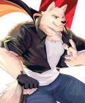  alternate_version_at_source anthro black_jacket canid canine canis clothed clothing domestic_dog fur hi_res jacket male mammal naikuma shirt simple_background smile smirk solo topwear white_body white_clothing white_fur white_shirt white_topwear 
