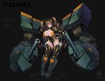  1girl a-54_calista autocannon black_background blush bodysuit boots breasts brown_eyes brown_hair cannon cleavage drill_hair hair_between_eyes highres large_breasts last_origin long_hair looking_at_viewer power_suit simple_background solo toriseru_(thesuperhero) twin_drills 