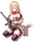  1girl absurdres ahoge as_val as_val_(girls_frontline) assault_rifle bangs bare_shoulders blonde_hair blue_eyes blush boots breasts cleavage girls_frontline glasses gun hair_ornament highres holding long_hair long_sleeves looking_at_viewer medium_breasts off_shoulder one_knee pottsness rifle scarf skindentation skirt solo striped stuffed_animal stuffed_toy thighhighs weapon 