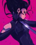  1girl alaylays black_bodysuit black_gloves black_hair bodysuit commentary elbow_gloves english_commentary facial_mark falling gally gloves gunnm highres holding holding_sword holding_weapon pink_background reverse_grip short_sword skin_tight solo sword weapon 