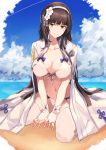  1girl absurdres bangs beach bikini black_hair blue_sky blunt_bangs blush breasts cleavage closed_mouth flower girls_frontline hair_flower hair_ornament hairband highres jacket jacket_on_shoulders large_breasts long_hair looking_at_viewer navel open_clothes open_jacket qbz-95_(girls_frontline) sh22 shore sky smile solo swimsuit thighs white_bikini white_hairband white_jacket yellow_eyes 