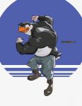  angry anthro avian biceps bird blood bodily_fluids boots bottomwear clothed clothing fighting_pose flexing footwear hi_res jeans male missing_tooth modern_bird musclegut muscular muscular_anthro muscular_male pants penguin pose skipper slightly_chubby solo solo_focus tattoo topless 
