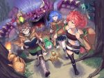  4girls acorn archfiend_marmot_of_nefariousness armband aussa badominton behemoth behemoth_the_king_of_all_animals belt bike_shorts blank_eyes blue_eyes blue_hair blush book breasts brown_eyes brown_hair chasing claws commentary_request demon_tail demon_wings dragon duel_monster eria fallen_down fangs forest fox fox_fire_(yuu-gi-ou) gigobyte glasses green_hair grin hiita large_breasts lizardman long_hair looking_back midriff monster multiple_girls nature open_mouth orange_eyes outdoors partial_commentary petit_dragon reading red_hair robe running shoes short_hair skirt smile squirrel sweatdrop sweater tail tears thighhighs tree wings worried wynn yuu-gi-ou zettai_ryouiki 